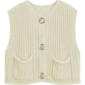 Womens Sleeveless Knit Cardigan Casual Cropped Button Down Sweater Vest Open Front Tops with Pockets