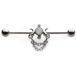 Pierced Owl - 14GA Crescent Moons with Circular Opalite Center and Dangling Chains 316L Surgical Stainless Steel Industrial Cartliage Barbell