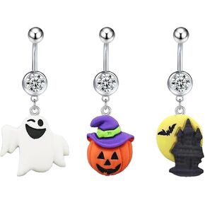 14G 3 PCS 316L Halloween Belly Button Rings Surgical Steel Resin Pumpkin Ghost Pendant Navel Rings Belly Button Barbells Body Piercing Jewelry for Women Men