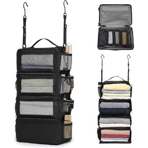 Hanging Suitcase Organizer, Travel Essentials Carry-on Collapsible Packing Cubes for Travel, Stow-N-Go Portable Hanging Closet Organizer Shelves Luggage Bag, Medium, Black