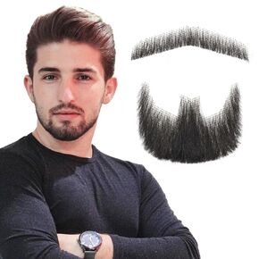 Fake Mustache, Human Hair Realistic Fake Beard, Hand Knotted Lace Based False Beard, Costume Beard with Sticky Adhesive Tape（Black）