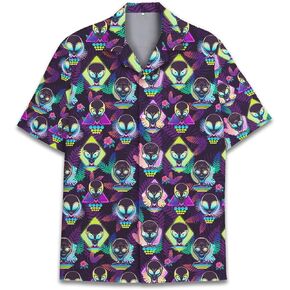 Neon Alien Hawaiian Shirt for Men Women, Alien Shirt Button Down Short Sleeve, Alien Mens Hawaiian Shirts