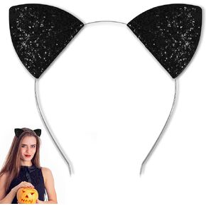 U-Goforst Black Cat Ears Headband Adult, Glitter Black Cat Costume for Women Girls, Halloween Cat Ears Fancy Dress Cat Woman Cosplay Accessories