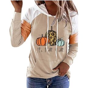 MHTOR It's Fall Y'all Leopard Plaid Pumpkin Kangaroo Pocket Hoodie Women Funny Thanksgiving Long Sleeve Pumpkin Fall Tops
