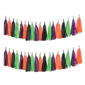 Mefuny 20PCS Orange Black Purple Green Tassel Garland Tissue Paper Tassel Banner Decoration for Halloween, Tassel DIY Party Garland, Birthday Party, Baby Shower, Festival