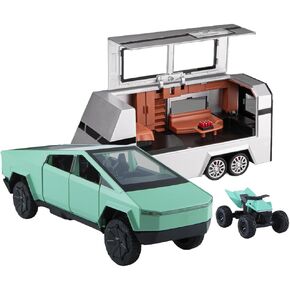 1/32 Pickup Truck and Trailer Toys with Light and Pull Back, Alloy Diecast Pickup Trailer RV Model Kit, Diecast Model Car Toy Truck and Trailer for Boys Adults as Birthday Gifts (Silver)