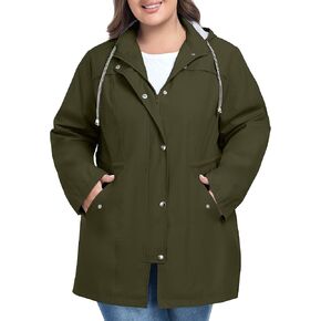 FOREYOND Plus Size Rain Jacket for Women with Hood Long Waterproof Windbreaker Outdoor Travel Trench Coats with Pockets