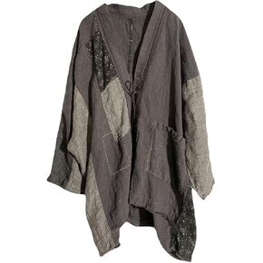 NFYM Fall Women Linen Trench Coat Lighweight Open Front Cardigan Patchwork Vintage Loose Windbreaker