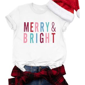 MOUSYA Merry and Bright Shirt Women Merry Christmas Tee Letter Print Casual Short Sleeve Tops Tees