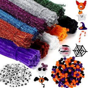 DaisyInner 1200 Pcs Pipe Cleaners Set Includes 500 Multicolor Chenille Stems in 10 Colors 500 Self Adhesive Wiggle Googly Eyes and 200 Pompoms Balls for DIY Project Art Craft Supplies (Halloween Set)
