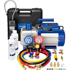 VIVOHOME 1.5 HP 14.4 CFM 2 Stage HVAC Vacuum Pump and 4 Way AC Manifold Gauge Set Kit with Leak Detector 5ft Hoses for R134a R12 R22 R502 R410a Automotive Air Conditioning Refrigeration Recharging
