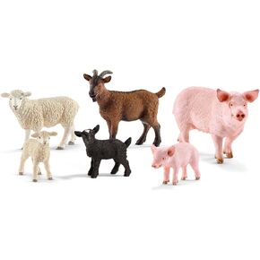Schleich Farm World Farm Animal Toys for Toddlers & Kids Ages 3+, 6-Piece Mom and Baby Toy Farm Animal Set Pig, Piglet, Goat, Goat Kid, Lamb and Sheep Figurine Farm Set
