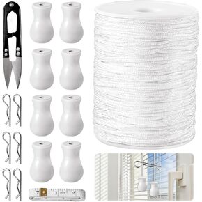 110 Yards Roman Blind Cord 1.8 mm White Braided Nylon Lift Shade Cord with 8 Pack Wood Cord Knobs+6PCS R Clips+1 Soft Tape+1 Scissors(White)