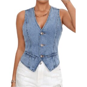 SHENHE Women's Button Down Denim Vest Top Sleeveless V Neck Jean Waistcoat Vest Y2K Summer Crop Tops