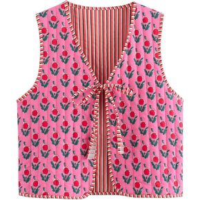 Women's Y2K Sleeveless Floral Quilted Puffer Vest Open Front Tie Cropped V-Neck Outwear Vest Lightweight Two-Sided Wearable