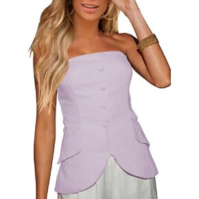 Fallorchid Women's Non functional Button Front Strapless Sleeveless Tops Vest Casual Split Hem Tube Top