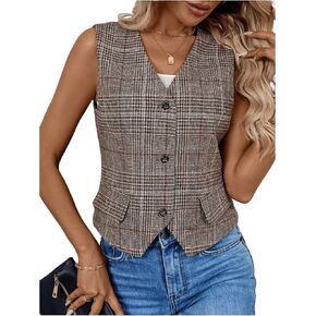 Milumia Women's Plaid V Neck Vest Single Breasted Sleeveless Work Blazer Jacket