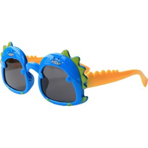 Dinosaur Cartoon Sunglasses for Kids Aged 2-6, Blue Yellow and drak Lenses, Polarized UV Protection Secure Fit for Outdoor