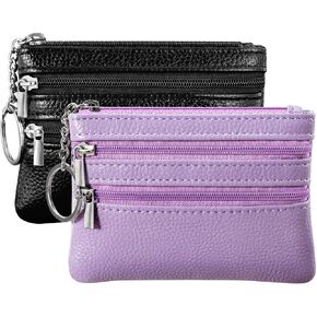 Chelmon 2 Pack Leather Coin Purse Pouch Change Card Holder Small Wallet with Keychain for Women and Men (Black & Black)