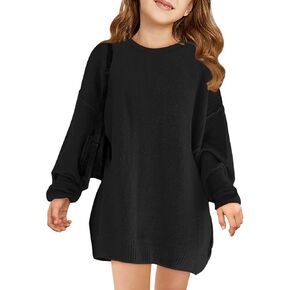 Haloumoning Girls Sweater Dress Casual Crewneck Knit Long Sleeve Fall Winter Dress Pullover 5-14Y