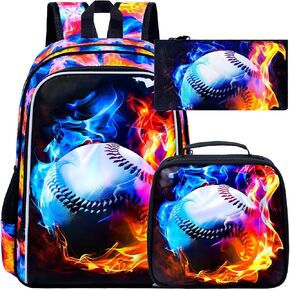 UFNDC 3PCS Kids Rugby Backpack, Boys Lightning Bookbag with Lunch Box, 17" Water Resistant School Bag for Teenagers Elementary Middle