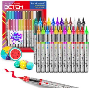 Betem Acrylic Paint Markers Paint Pens, 24 Count Water-Based Free-Ink System Colored Pens, Brush Tip Permanent Paint Pen, Uniform and Silky Ink Output, Vibrant Colors for DIY Crafts Art Supplies
