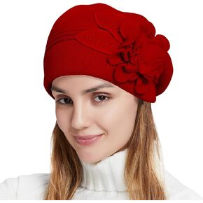 Flower Women Beret, Double Layer Thickened Winter Knitted Beanie Beret Hat, Stylish French Dress Beret Hats for Women