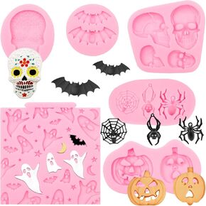 Skulls Chocolate Molds, Halloween Ghost Bat Pumpkin Fondant Molds, Spider Cobweb Silicone Cake Decoration Molds for Baking Cupcake Topper Candy Gum Paste Plaster Clay Resin Set of 6