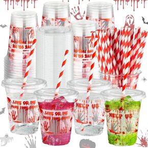 50Pcs Bloody Halloween Party Plastic Cups - 12 Oz Scary Blood Splatter Disposable Clear Cups with Straws and Lids, Horror Zombie Drinking Beverage Cups for Birthday Party Supplies Decorations