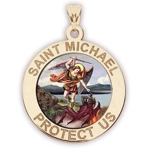 PicturesOnGold.com Saint Michael Religious Medal Color - 1 Inch Size of a Quarter in Solid 14K Yellow Gold