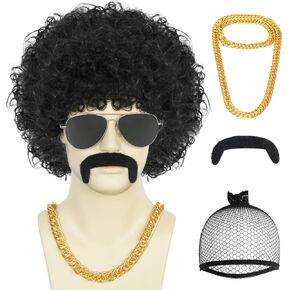 JoneTing 5Pcs Mens Afro Wig 【+Wig Cap +Glasses +Mustache +Necklace】 Disco Wig for Men 70s Mens Wig 70s Wigs for Men 1970s Mens Disco Wig Curly Wig for Men Brown Synthetic Wig for Halloween Party