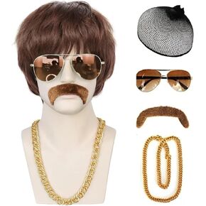JoneTing 5Pcs Mens Afro Wig 【+Wig Cap +Glasses +Mustache +Necklace】 Disco Wig for Men 70s Mens Wig 70s Wigs for Men 1970s Mens Disco Wig Curly Wig for Men Brown Synthetic Wig for Halloween Party in Kuwait