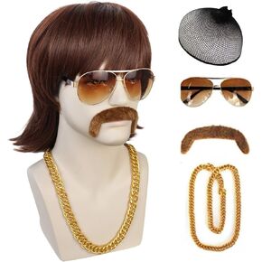 JoneTing 5Pcs Mens Afro Wig 【+Wig Cap +Glasses +Mustache +Necklace】 Disco Wig for Men 70s Mens Wig 70s Wigs for Men 1970s Mens Disco Wig Curly Wig for Men Brown Synthetic Wig for Halloween Party