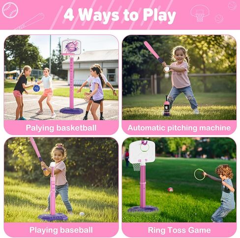 4 in 1 Toddler Kids Basketball Hoop, T Ball Set and Ring Toss Game, Adjustable Height Up to 55", Baseball Tee with Automatic Pitching Machine, Indoor Outdoor Sport Toy Gift for Boy Girl Age 3-10, Blue in Saudi Arabia