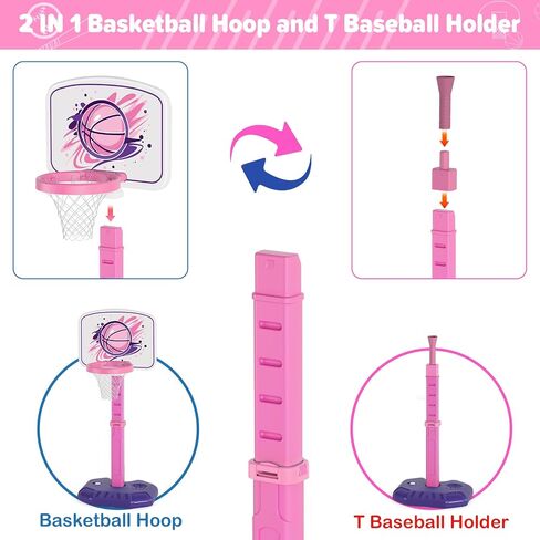 4 in 1 Toddler Kids Basketball Hoop, T Ball Set and Ring Toss Game, Adjustable Height Up to 55", Baseball Tee with Automatic Pitching Machine, Indoor Outdoor Sport Toy Gift for Boy Girl Age 3-10, Blue in Saudi Arabia