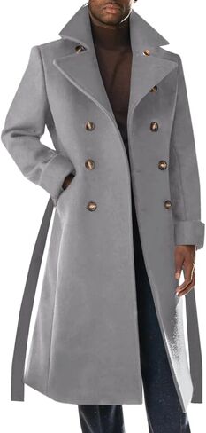 Runcati Mens Trench Coat Notch Lapel Double Breasted Belted Pea Coat Wool Blend Winter Warm Overcoat in Saudi Arabia