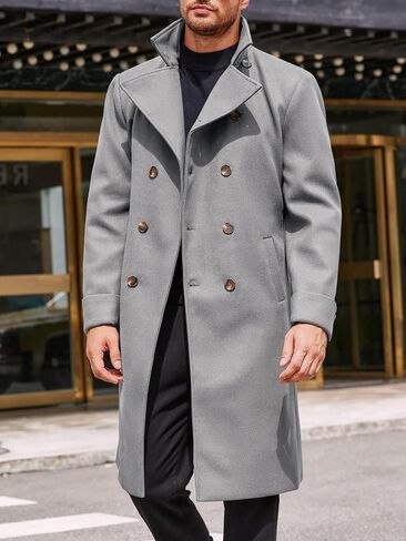 Runcati Mens Trench Coat Notch Lapel Double Breasted Belted Pea Coat Wool Blend Winter Warm Overcoat in Saudi Arabia
