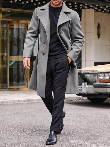 Runcati Mens Trench Coat Notch Lapel Double Breasted Belted Pea Coat Wool Blend Winter Warm Overcoat in Saudi Arabia