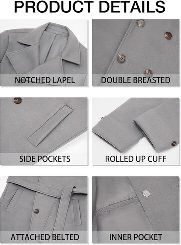 Runcati Mens Trench Coat Notch Lapel Double Breasted Belted Pea Coat Wool Blend Winter Warm Overcoat in Saudi Arabia