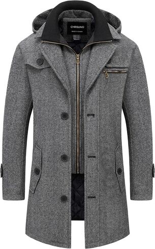 Chrisuno Men's Classic Long Pea Coat Warm Wool Blend Winter Trench Coat Single Breasted Overcoat with Detachable Collar in Saudi Arabia