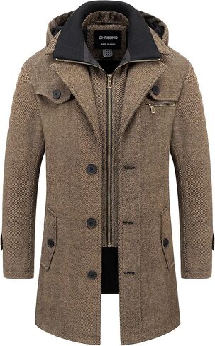 Chrisuno Men's Classic Long Pea Coat Warm Wool Blend Winter Trench Coat Single Breasted Overcoat with Detachable Collar in Saudi Arabia