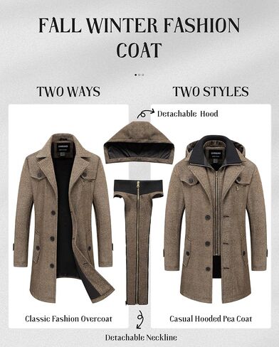 Chrisuno Men's Classic Long Pea Coat Warm Wool Blend Winter Trench Coat Single Breasted Overcoat with Detachable Collar in Saudi Arabia