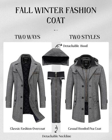 Chrisuno Men's Classic Long Pea Coat Warm Wool Blend Winter Trench Coat Single Breasted Overcoat with Detachable Collar in Saudi Arabia