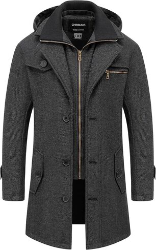 Chrisuno Men's Classic Long Pea Coat Warm Wool Blend Winter Trench Coat Single Breasted Overcoat with Detachable Collar in Saudi Arabia