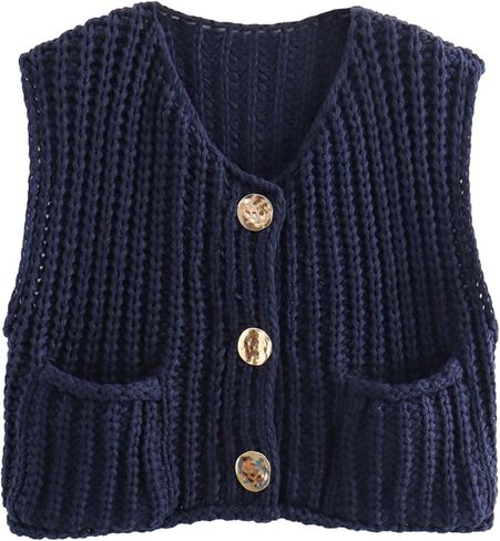 Womens Sleeveless Knit Cardigan Casual Cropped Button Down Sweater Vest Open Front Tops with Pockets in Saudi Arabia