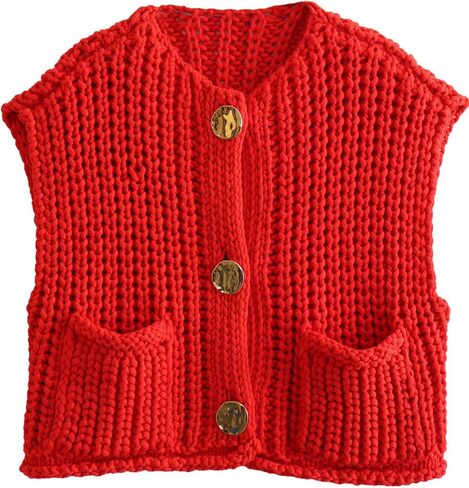 Womens Sleeveless Knit Cardigan Casual Cropped Button Down Sweater Vest Open Front Tops with Pockets in Saudi Arabia