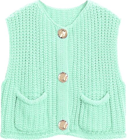 Womens Sleeveless Knit Cardigan Casual Cropped Button Down Sweater Vest Open Front Tops with Pockets in Kuwait