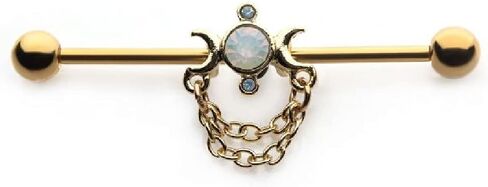 Pierced Owl - 14GA Crescent Moons with Circular Opalite Center and Dangling Chains 316L Surgical Stainless Steel Industrial Cartliage Barbell in Saudi Arabia
