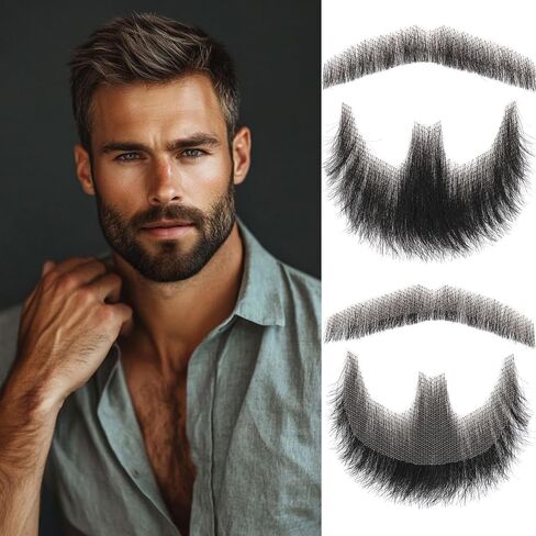 Fake Beard Realistic Beard 100% Human Hair Fake Face Beard Realistic Full Hand Tied Costume Facial Hair for Man、Adults Lace Invisible Fake Mustache for Halloween Drama Party Movie Makeup(Black) in Saudi Arabia