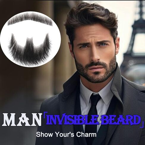 Fake Beard Realistic Beard 100% Human Hair Fake Face Beard Realistic Full Hand Tied Costume Facial Hair for Man、Adults Lace Invisible Fake Mustache for Halloween Drama Party Movie Makeup(Black) in Saudi Arabia